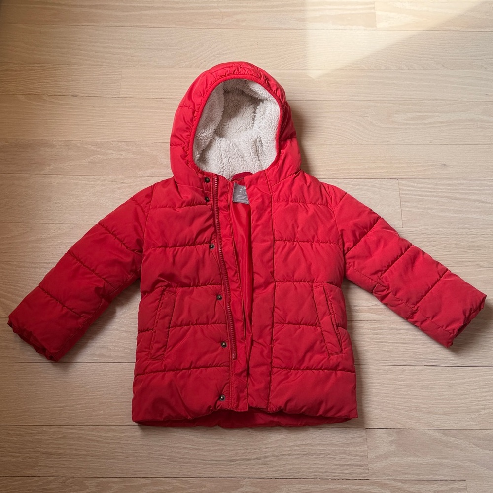 Primary Red Hooded Puffer Jacket and purple zip hoodie
